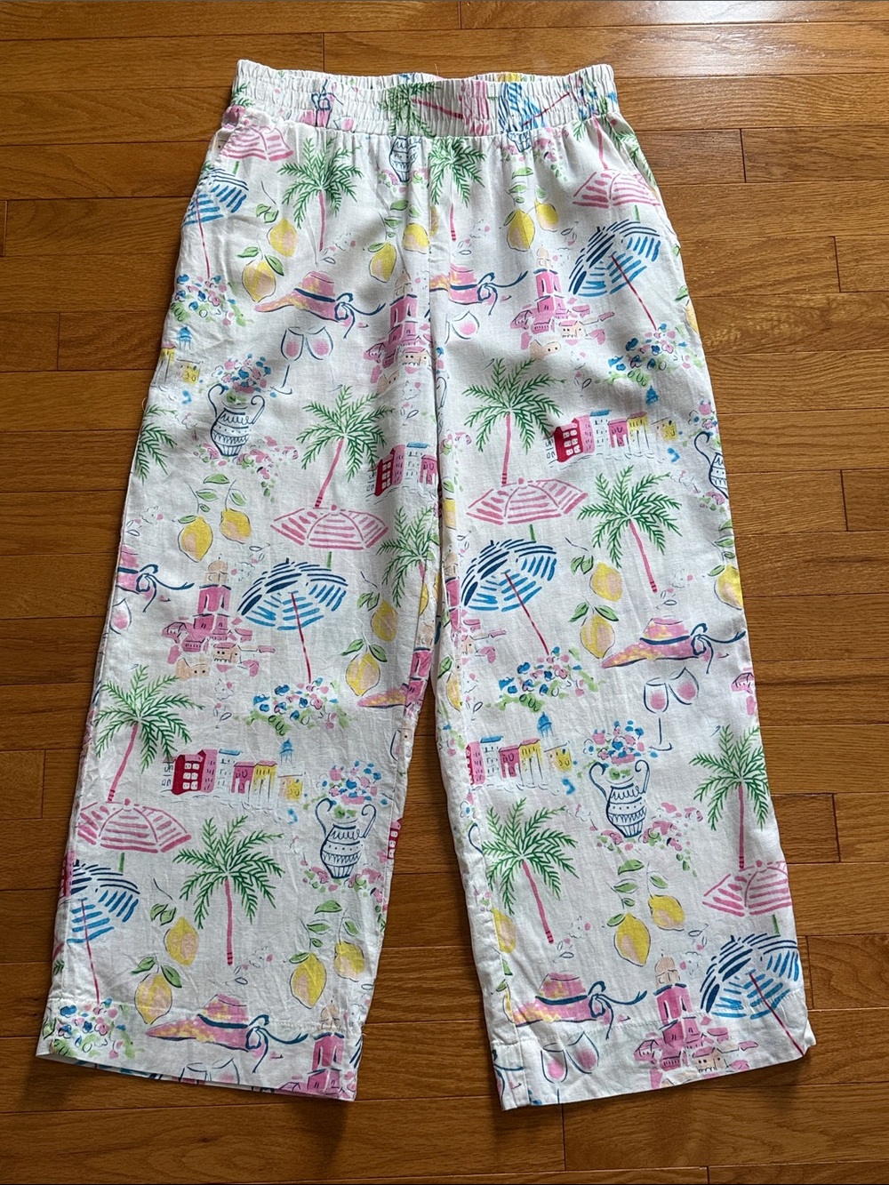 Women’s Calypso St. Barth White Tropical Island Print Linen Cropped Pants ~ M